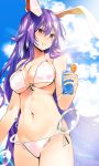  animal_ears asuzemu bare_arms bare_shoulders bikini blue_sky blush breasts bunny_ears cloud collarbone commentary_request cowboy_shot cup day drinking_glass drinking_straw eyebrows_visible_through_hair food front-tie_bikini front-tie_top fruit groin hair_between_eyes halterneck holding holding_cup large_breasts long_hair navel orange orange_slice outdoors parted_lips pink_eyes purple_hair reisen_udongein_inaba side-tie_bikini sidelocks sky solo standing stomach swimsuit thighs touhou very_long_hair water_drop white_bikini 