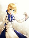  2018 ahoge artoria_pendragon_(all) bambi_nano blonde_hair blue_bow blue_ribbon bow bowtie fate/grand_order fate_(series) floating_hair green_eyes hair_between_eyes hair_ribbon highres jacket long_skirt pixiv_fate/grand_order_contest_2 ribbon saber short_hair signature skirt smile solo standing white_background white_jacket 