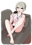  bare_legs barefoot black_eyes black_panties chocolate clothes_writing couch earrings eating feet_on_chair food grey_hair ice_cream idolmaster idolmaster_cinderella_girls jewelry legs long_legs looking_at_viewer necklace off_shoulder omaru_gyuunyuu on_couch open_mouth panties popsicle shiomi_shuuko shirt short_hair sitting sitting_sideways solo underwear white_shirt 