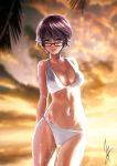  arms_behind_back artist_name bangs bikini blurry blurry_background breasts brown_eyes brown_hair cleavage cloud cloudy_sky commentary_request cowboy_shot depth_of_field droplet glasses highres ikeda_(hayato) light_smile lips looking_at_viewer medium_breasts navel open_mouth orange_sky original outdoors palm_tree short_hair signature skindentation sky solo standing string_bikini swimsuit thighs tree wet 