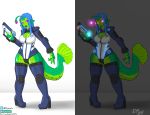  alien amphibian anthro bioluminescence blue_hair breasts cleavage clothed clothing digital_hysteria female glowing gun hair legwear ranged_weapon thigh_highs weapon webbed_hands 