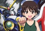  :d artist_name bangs black_shirt brown_eyes brown_hair bukkuri commentary cosplay dated girls_und_panzer gundam gundam_wing heero_yuy heero_yuy_(cosplay) holding isobe_noriko looking_at_viewer mecha open_mouth red_button self_destruct_button shirt short_hair signature smile solo space tank_top upper_body v-shaped_eyebrows wing_gundam 