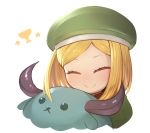  babe_(fate) beret blonde_hair blush bull closed_eyes commentary_request fate/grand_order fate_(series) green_hat hat holy_grail_(fate) paul_bunyan_(fate/grand_order) short_hair simple_background smile teko upper_body white_background 