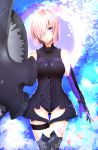  armor armored_boots armored_leotard ass_visible_through_thighs black_leotard boots breasts breasts_apart cowboy_shot elbow_gloves eyebrows_visible_through_hair fate/grand_order fate_(series) gloves hair_over_one_eye highres large_breasts leotard looking_at_viewer mash_kyrielight nakoya_(nane_cat) parted_lips pink_hair purple_eyes purple_gloves shield shiny shiny_clothes short_hair solo standing thigh_boots thigh_gap thighhighs 