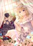  apple bare_shoulders black_dress black_gloves black_wedding_dress blonde_hair blush breasts bridal_veil cleavage cleavage_cutout commentary_request dress elbow_gloves fate/grand_order fate_(series) flower food frilled_dress frills fruit gloves grapes hair_flower hair_ornament hair_over_shoulder highres iroha_(shiki) jeanne_d'arc_(alter)_(fate) jeanne_d'arc_(fate) jeanne_d'arc_(fate)_(all) large_breasts long_hair looking_at_viewer multiple_girls purple_eyes silver_hair singe_braid sitting smile strapless strapless_dress veil wedding_dress white_dress window yellow_eyes 