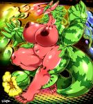  2018 anthro big_breasts blush breasts dragon female food fruit huge_breasts nipples nude pussy smile solo ymbk 