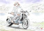  ankle_boots arm_support artist_name azumi_(girls_und_panzer) black_pants blue_eyes blue_sky boots brown_footwear brown_hair casual closed_mouth cloud cloudy_sky colored_pencil_(medium) dated day denim eyebrows_visible_through_hair girls_und_panzer ground_vehicle hair_intakes hand_in_hair highres jacket jeans kubota_shinji lake looking_at_viewer midual_type_1 motor_vehicle motorcycle mountain on_motorcycle one_eye_closed outdoors pants riding short_hair signature sitting sky smile solo traditional_media tree watermark white_jacket 