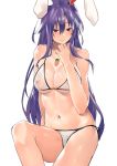  animal_ears asuzemu bare_arms bare_shoulders bikini blush breasts bunny_ears carrot_necklace collarbone commentary_request covered_nipples eyebrows_visible_through_hair hair_between_eyes hand_on_own_chin hand_up large_breasts long_hair looking_at_viewer navel purple_hair red_eyes reisen_udongein_inaba see-through shiny shiny_skin side-tie_bikini sidelocks simple_background sitting smile solo stomach swimsuit thighs touhou very_long_hair white_background white_bikini 