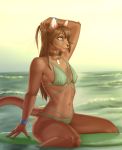  anthro bikini cat clothed clothing collar day eyelashes feline female fur green_eyes hair hand_in_hair long_hair mammal missy_(artist) navel outside partially_submerged sitting sky solo surfboard swimsuit tan_fur water wave 