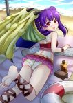  ass beach bikini commentary_request day dragon_wings fire_emblem fire_emblem:_seima_no_kouseki fire_emblem_heroes highres innertube looking_back lying mamkute multi-tied_hair myrrh on_stomach open_mouth purple_hair red_eyes solo swimsuit the-sinner trefoil twintails water wings wristband 