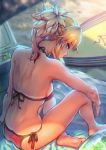  back bare_shoulders barefoot beach bikini blonde_hair blue_eyes braid commentary_request cooler fate/grand_order fate_(series) food hangetsuban_sonshou looking_back mordred_(fate)_(all) mordred_(swimsuit_rider)_(fate) mouth_hold ponytail popsicle sand shadow side-tie_bikini sitting solo surfboard swimsuit tan tanline 