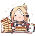  abigail_williams_(fate/grand_order) black_jacket butter chibi closed_eyes cup eating fate/grand_order fate_(series) food foodgasm fork hair_bun heroic_spirit_traveling_outfit jacket knife mug mug_writing pancake solo stack_of_pancakes sukima_(crie) syrup upper_body 