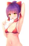  arm_up armpits bangs bikini blush bow breasts choker collarbone covered_nipples endsmall_min eyebrows_visible_through_hair fingernails gegege_no_kitarou hair_between_eyes hair_bow halter_top halterneck hand_up high_ponytail highres medium_breasts navel nekomusume nekomusume_(gegege_no_kitarou_6) parted_lips ponytail purple_hair red_bikini red_bow red_choker sharp_fingernails short_hair sidelocks simple_background solo swimsuit very_long_fingernails white_background yellow_eyes 