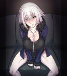  ahoge blush breasts breath casual commentary_request fate/grand_order fate_(series) fur_trim highres jeanne_d'arc_(alter)_(fate) jeanne_d'arc_(fate)_(all) jewelry large_breasts necklace sitting solo spread_legs sweat un white_hair wicked_dragon_witch_ver._shinjuku_1999 yellow_eyes 