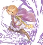  :d bangs blonde_hair blunt_bangs bob_cut boots bracer brown_footwear cape eyebrows_visible_through_hair full_body golden_sun green_eyes highres holding holding_staff leg_up monosenbei open_mouth purple_cape shiba_(golden_sun) short_hair simple_background smile solo staff teeth v-shaped_eyebrows white_background 