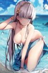  all_fours anastasia_(fate/grand_order) arm_up bangs bare_shoulders beach bikini blue_eyes blue_sky blurry bracelet breasts cleavage cloud collarbone day depth_of_field detexted earrings eyebrows_visible_through_hair fate/grand_order fate_(series) gold_trim hair_between_eyes hair_over_one_eye hairband head_tilt highres horizon jewelry large_breasts long_hair looking_at_viewer necklace necomi outdoors parted_lips sarong signature silver_hair sky solo strap_gap swimsuit third-party_edit very_long_hair water water_drop wet white_bikini 