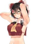  &gt;:( anger_vein armpits arms_behind_head arms_up ascot asuzemu bare_arms bare_shoulders black_hair blush bow breasts breath collarbone commentary_request crop_top eyebrows_visible_through_hair frilled_bow frills hair_between_eyes hair_bow hair_tubes hakurei_reimu heavy_breathing large_breasts looking_at_viewer midriff navel no_bra red_bow sidelocks simple_background sleeveless solo stomach sweat touhou upper_body v-shaped_eyebrows white_background yellow_eyes yellow_neckwear 