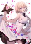  absurdres alternate_costume bare_shoulders black_ribbon blonde_hair blue_eyes blue_flower braid breasts casual commentary_request contemporary cowboy_shot dress eyebrows_visible_through_hair fate/grand_order fate_(series) flower hair_ribbon highres jeanne_d'arc_(fate) jeanne_d'arc_(fate)_(all) large_breasts leaning_forward lifted_by_self long_braid long_hair looking_at_viewer open_mouth petals red_flower ribbon shinooji single_braid sleeveless sleeveless_dress solo very_long_hair white_dress white_flower 