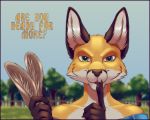  2018 anthro canine clothed clothing detailed_background digital_media_(artwork) duo english_text female fox fur green_eyes hare lagomorph lirkov looking_at_viewer mammal red_fox tan_fur text 