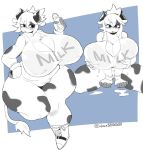  2018 anthro armband belly big_breasts biped bottomless bovine breast_fondling breasts cattle cleavage clothed clothing deep_navel digital_media_(artwork) disembodied_hand eyelashes female fondling fur hair hand_on_breast horn huge_breasts huge_hips kneeling lactating looking_down mammal milk milk_bottle navel nipple_bulge overweight overweight_female pinup pose sakana8888888 sleeveless_shirt slightly_chubby solo solo_focus standing thick_thighs voluptuous wide_hips 