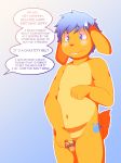  2018 absurd_res anthro balls biped birthday blue_background blue_eyes blue_hair blush buckteeth chastity chastity_cage cub dialogue ears_down english_text eyebrows_visible_through_hair flaccid foreskin funnybox fur fur_markings hair hi_res holding_penis humanoid_penis jeffybunny lagomorph long_foreskin male mammal markings navel nude orange_fur pawprint penis pink_nose rabbit simple_background slightly_chubby solo speech_bubble standing sweat sweatdrop teeth text uncut unseen_character worried young 