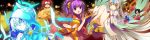  4girls :d ahoge ainchase_ishmael aisha_(elsword) alternate_costume angel ara_han ass bare_legs bird black_hair blue_dress chicken detached_sleeves dress elsword elsword_(character) eve_(elsword) facial_mark forehead_jewel hair_ornament hand_up highres holding long_hair looking_at_viewer luciela_r._sourcream minigirl multiple_boys multiple_girls new_year open_mouth ponytail pout purple_eyes purple_hair red_eyes red_hair shoes short_hair sidelocks silver_hair simple_background sitting smile twintails very_long_hair vilor winged_shoes wings yellow_eyes 