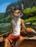  anthro boat canine cliff clothed clothing fox fur inner_ear_fluff large_nose male mammal outside profile shorts sitting sky solo swish vehicle water yellow_eyes yellow_fur 