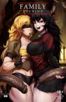  2girls black_hair blindfold blonde_hair breasts comic eyebrows jacket jlullaby long_hair multiple_girls open_mouth penis raven_branwen red_eyes rwby shirt shorts skirt smile teeth text wet yang_xiao_long 