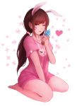  animal_ears bangs barefoot between_legs brown_hair bunny_ears closed_mouth collarbone d.va_(overwatch) eyebrows_visible_through_hair facial_hair food hand_between_legs hand_up heart highres holding holding_food ice_cream ice_cream_cone kemonomimi_mode long_hair low_ponytail overwatch pink_shirt ponytail red_eyes seiza shimmer shirt short_sleeves sitting soft_serve solo sprinkles tongue tongue_out very_long_hair white_background 