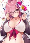  adjusting_eyewear bare_shoulders bikini blush breasts cleavage closed_mouth collarbone commentary_request cup drinking_straw eyebrows_visible_through_hair fate/grand_order fate_(series) food fou_(fate/grand_order) glasses grey_jacket hair_over_one_eye ice_cream jacket large_breasts lavender_hair looking_at_viewer mash_kyrielight medjed navel netarou open_clothes open_jacket petals purple_eyes short_hair simple_background solo swimsuit swimsuit_of_perpetual_summer water_drop white_background white_bikini 