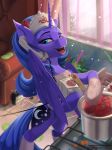  2018 cooking cutie_mark discordthege equine feathered_wings feathers female food friendship_is_magic hair hi_res horn inside long_hair looking_at_viewer mammal my_little_pony open_mouth phone plant princess_luna_(mlp) solo window winged_unicorn wings 