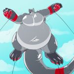  4_fingers 4_toes anthro balloon belly belly_expansion big_belly crimsoneclipse floating green_eyes grey_skin growth hyper hyper_belly inflatable inflation jazzotter living_inflatable male mammal mustelid navel onomatopoeia otter pawpads red_skin shiny sky solo sound_effects stripes toes 