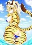  2018 4_fingers anthro barely_visible_genitalia bikini blonde_hair blue_eyes blue_sky blush breasts brown_stripes butt clothing feline female fur hair hi_res looking_at_viewer looking_back low-angle_view mammal megane_inu outside partially_submerged portrait pussy rear_view seaside sky solo string_bikini striped_fur stripes subtle_pussy swimsuit three-quarter_portrait tiger water wet zhang_fei_(fullbokko_heroes) 