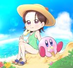  adeleine beach blue_eyes blue_sky blush brown_eyes brown_hair cloud commentary_request day eating eyebrows_visible_through_hair flower food forehead hat ice_cream kirby kirby_(series) lens_flare licking_lips neironyshino ocean popsicle sand sandals short_hair sky sparkle sun_hat swimsuit tongue tongue_out 