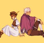  1girl bag brown_hair cloak couple dark_skin dress gloves green_eyes hair_over_one_eye hat mella octopath_traveler open_mouth scarf short_hair simple_background smile therion_(octopath_traveler) tressa_(octopath_traveler) white_hair 