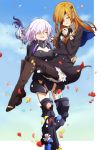  armored_boots black_gloves black_legwear blue_sky blush boots breasts brown_hair carrying cleavage closed_eyes cloud commentary day eyepatch fate/grand_order fate_(series) flower fou_(fate/grand_order) gloves hair_over_one_eye knee_boots long_hair long_sleeves mash_kyrielight medium_hair multiple_girls oiun open_mouth ophelia_phamrsolone pantyhose petals pink_hair princess_carry red_flower sky sleeves_past_wrists smile thigh_boots thighhighs white_flower yuri 