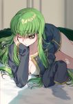  arm_support ashford_academy_uniform bangs bed breasts c.c. closed_mouth code_geass creayus eyebrows_visible_through_hair green_hair hand_on_head indoors jacket long_hair long_sleeves looking_at_viewer lying medium_breasts motion_lines on_bed one_eye_closed open_clothes open_jacket school_uniform sidelocks solo yellow_eyes 