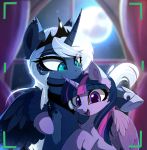  2018 blue_feathers blurred_background camera choker crown curtains cute duo equine eyebrows eyebrows_visible_through_hair eyelashes eyeshadow feathered_wings feathers female feral friendship_is_magic hair happy hi_res hooves horn hug inside long_hair magnaluna makeup mammal mascara moon multicolored_hair my_little_pony night nude open_mouth open_smile portrait princess_luna_(mlp) purple_eyes purple_feathers royalty silver_hair smile sparkles teal_eyes tongue twilight_sparkle_(mlp) window winged_unicorn wings 