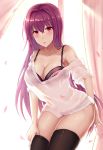  :o backlighting bare_shoulders blush bra breasts cherry_blossoms cleavage collarbone commentary_request curtains fate/grand_order fate_(series) hair_intakes highres large_breasts lingerie long_hair looking_at_viewer loose_clothes loose_shirt off_shoulder panties purple_hair red_eyes scathach_(fate)_(all) scathach_(fate/grand_order) see-through shirt solo thighhighs thighhighs_pull underwear window yinyu_(nico) 
