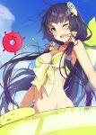  ;d bangs bikini black_hair blue_sky blush bracelet collarbone commentary_request day enemy_lifebuoy_(kantai_collection) eyebrows_visible_through_hair floating_hair flower green_eyes groin hair_flower hair_ornament hair_ribbon hair_tubes highres holding holding_innertube innertube jewelry kantai_collection long_hair mizuho_(kantai_collection) multicolored multicolored_bikini multicolored_clothes navel one_eye_closed open_mouth outdoors ribbon side-tie_bikini sidelocks sky smile stomach swimsuit takanashi_kei_(hitsujikan) tress_ribbon upper_teeth very_long_hair wind wind_lift 