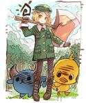  axe babe_(fate) beret bird blonde_hair blue_sky blush blush_stickers boots brown_footwear brown_gloves brown_legwear closed_mouth cloud cloudy_sky collared_jacket commentary_request cross-laced_footwear day directional_arrow fate/grand_order fate_(series) forest giantess gloves green_hat green_jacket haku_(sabosoda) hand_up hat head_tilt hiyoko-chan holding holding_axe horns jacket knee_boots lace-up_boots long_sleeves nature nissin orange_eyes outdoors pantyhose paul_bunyan_(fate/grand_order) sky smile standing tree 