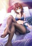  3: ahoge ass bag bangs black_legwear blue_bra blue_eyes blush bra braid breasts brown_hair cleavage closed_mouth collarbone commentary_request crossed_legs crotch_seam curtains evening eyebrows_visible_through_hair feet hair_flaps hair_ornament head_tilt indoors jewelry kantai_collection kotatsu_(kotatsu358) large_breasts light_particles long_hair looking_at_viewer lying navel no_shoes off_shoulder on_back on_bed panties panties_under_pantyhose pantyhose pillow remodel_(kantai_collection) ring shigure_(kantai_collection) sidelocks smile solo stomach thighband_pantyhose toes underwear wedding_band white_panties window 