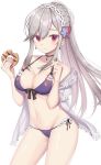  adapted_costume azur_lane blush breasts choker cleavage closed_mouth collarbone crumbs doughnut dunkerque_(azur_lane) eyebrows_visible_through_hair flower food grey_hair hair_flower hair_ornament highres holding holding_food izumo_neru large_breasts long_hair looking_at_viewer navel pink_eyes solo 