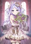  antenna_hair azur_lane blue_eyes blurry bouquet commentary_request cowboy_shot crown depth_of_field dress flower hair_ornament highres jupiter_(azur_lane) lavender_hair long_hair looking_at_viewer mini_crown ribbon rigging shi_niao sleeveless sleeveless_dress smile standing thighhighs tilted_headwear torpedo_tubes twintails two_side_up wedding_dress window 