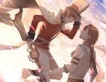  2boys brown_hair cape chio_(akiciou) food_fantasy gloves gun hat long_hair multiple_boys naploeon_cake_(food_fantasy) official_art pastel_de_nata_(food_fantasy) ponytail rifle short_hair soldier tagme weapon 