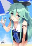  beach_umbrella black_bow blue_eyes blue_neckwear blue_sky blush bottle bow breasts cleavage cloud commentary_request day eyebrows_visible_through_hair green_hair hair_between_eyes hair_bow hair_ornament hairclip highres kantai_collection long_hair looking_at_viewer medium_breasts natsunoyuu neckerchief open_mouth school_uniform serafuku signature sky solo swimsuit umbrella very_long_hair yamakaze_(kantai_collection) 