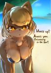  2018 anthro beach bent_over bikini blush breasts brown_fur canine cheek_tuft cleavage clothed clothing dialogue english_text female front_view fur hair inner_ear_fluff mammal outside seaside short_hair solo swimsuit talking_to_viewer tetto text tuft wet yellow_eyes 