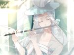  1girl chio_(akiciou) cloud_tea_(food_fantasy) eyes_closed food_fantasy hat instrument smoke solo tagme white_hair 