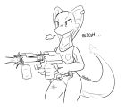 2018 anthro clothed clothing digital_media_(artwork) ear_piercing female gun monochrome piercing quadduck ranged_weapon reptile scalie shirt simple_background sketch snake solo standing tank_top weapon 