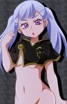  1girl belly belly_button black_clover breasts earrings hips jewelry looking_at_viewer noelle_silva open_mouth purple_eyes twintails underboob white_hair 